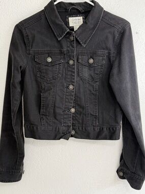 Black Cropped Denim Jacket Women Medium Distressed Stretch Jean Jacket